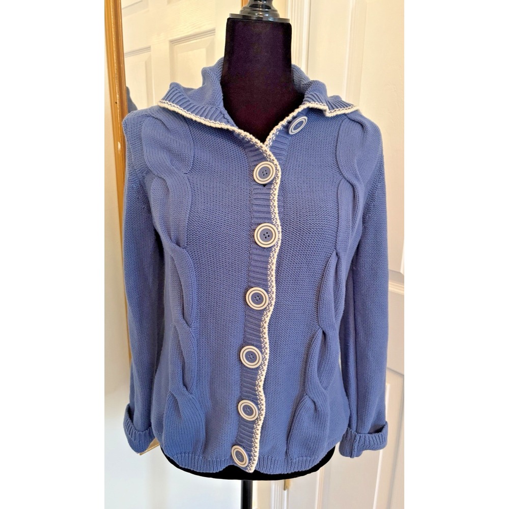 Croft and Barrow cardigan sweater woman's Medium Cable knit Sky Blue white trim
